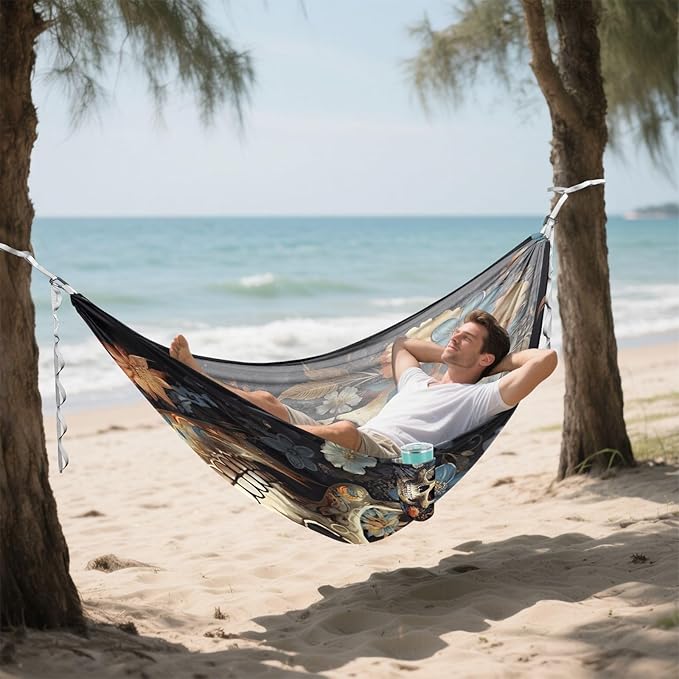 FRMG Skull Floral Hammock 500 lbs Capacity Portable Hammocks with Tree Straps & Attached Carry Bag, Camping Essentials Gear, 2011338a