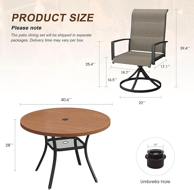 VICLLAX 5 Pieces Outdoor Dining Set, Patio Furniture Set Includes 40.6" Round Metal Table W/ 1.9" Umbrella Hole and 4 Padded Textilene Swivel Chairs for Porch, Lawn, Garden, Backyard