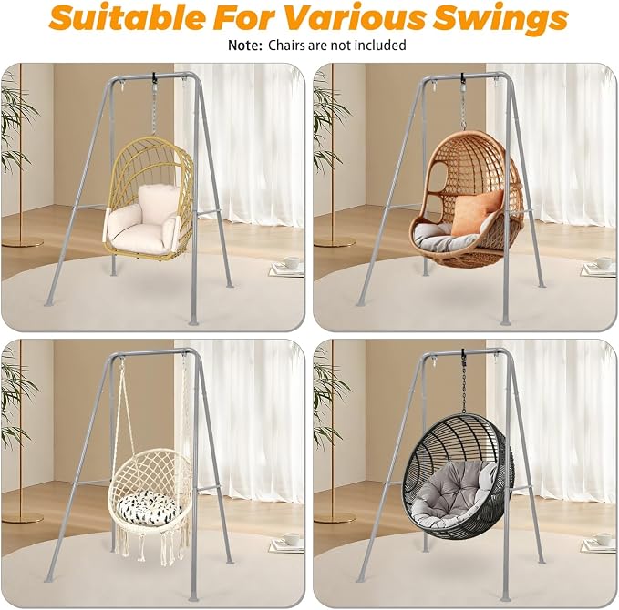 Swing Stand Only, Hammock Chair Stand, Heavy-Duty Metal Stand, Multi-Use Swing Frame for Indoor and Outdoor, Backyard, Max Load 300lbs, Hammock Chair not Included (Grey)