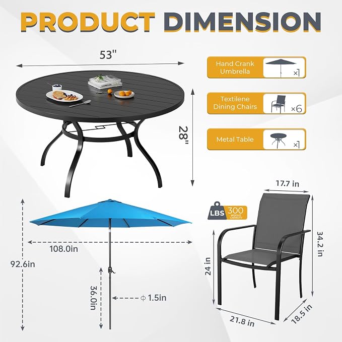 Incbruce 8 PCS Patio Dining Set with Sky Blue Umbrella, Outdoor Dining Set of 6 Textilene Chairs and 53" Round Table with Umbrella Hole for Backyard, Garden, and Poolside (Grey)