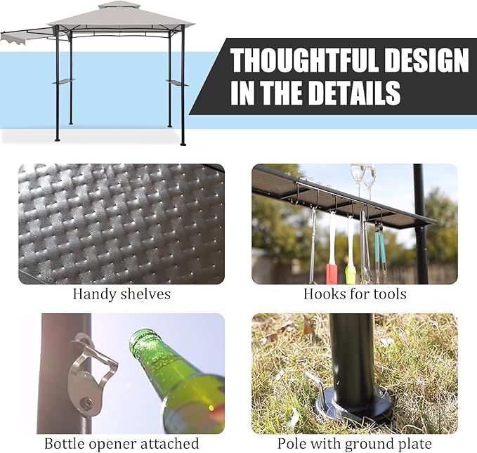FAB BASED 5x8 Grill Gazebo with Extra Awning, All-Weather Steel Construction, Double Tiered & Resistant Canopy Roof, Metal Serving Shelves, 2 LED, Bottle Opener for Patio, Backyard, BBQ (Light Gray)
