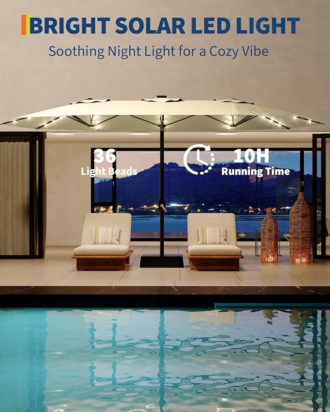 GarveeLife 15 ft Large Patio Umbrella with Lights, 36 LED Lights Double-sided Patio Umbrella with Weighted Base for Poolside Garden Backyard