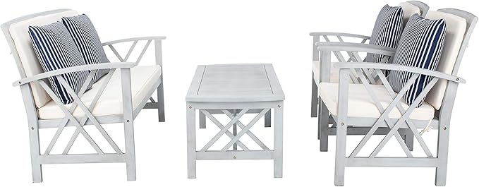 SAFAVIEH Outdoor Collection Fontana Grey / Beige Cushions/ Stripe Pillows 4-Piece Conversation Patio Set