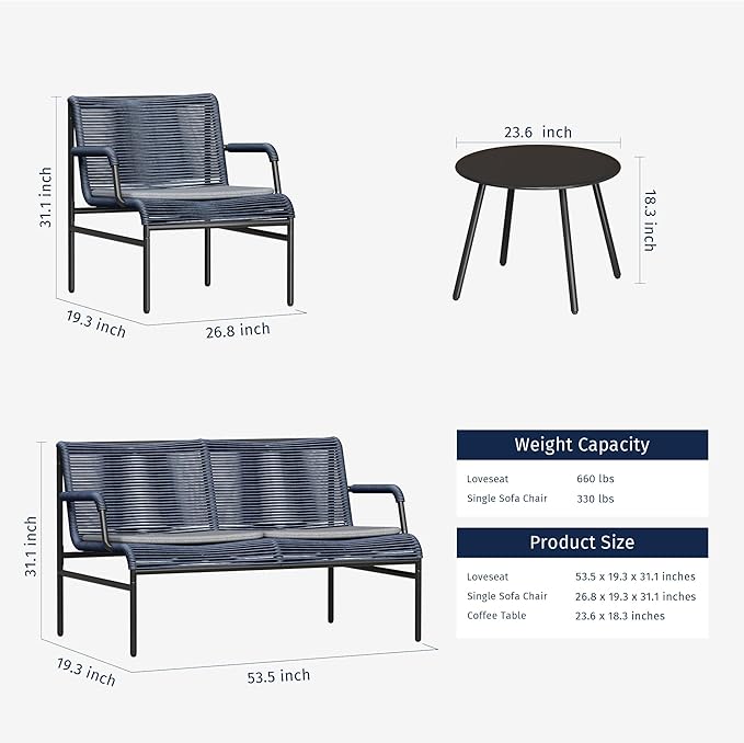 East Oak 4 Piece Patio Furniture Set, Outdoor Furniture with PE Wicker Rattan Chairs and Coffee Table, Modern Patio Conversation Set with Soft Pad for Garden, Backyard and Porch, Navy Blue