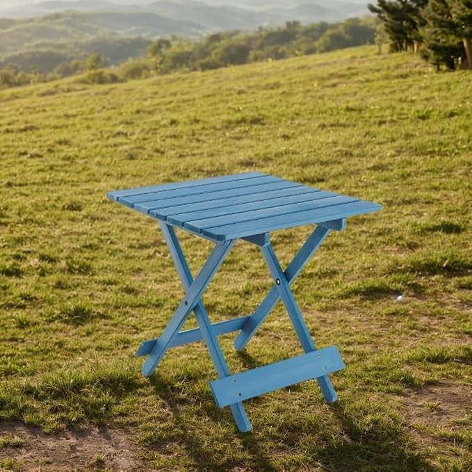 Foldable Solid Wood Side Table, Space Saving Outdoor Square Folding Patio Snack End Table, Fully Assembled Quick Fold Side Tables for Camping, Picnic, Backyard (Blue)