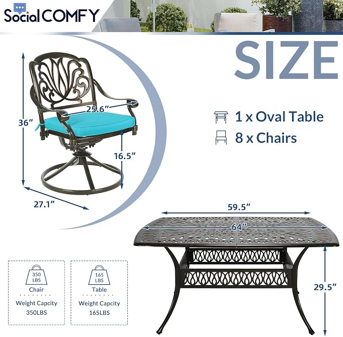 9-Piece Patio Cast Aluminum Dining Set, Outdoor Dining Furniture Set for 8 Person, Includes 64" Square Table and 8 Swivel Rocker Chairs with Umbrella Hole for Patio Deck Garden, Ocean Blue