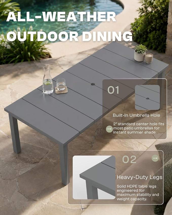 75.2" Outdoor Dining Table for 4-6 People, Patio Dining Outdoor Table with Umbrella Hole, All Weather Patio Table for Backyard, Deck and Garden, Gray