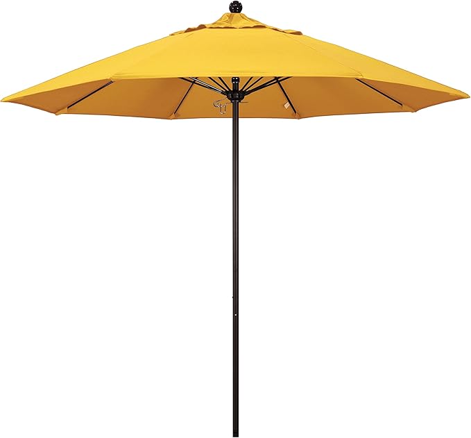 California Umbrella 9' Rd. Venture Series Contract Grade Patio Umbrella, Push Open Pin Stop, Bronze Finish, Sunbrella Sunflower Yellow