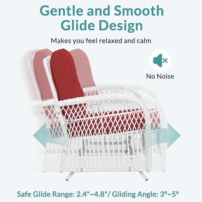 MEETWARM Patio Wicker Rocking Glider Set, All-Weather Outdoor Rattan Patio Rocking Chairs of 2, Patio Conversation Set with Thickened Cushions for Porch Garden & Backyard, White Wicker/Red