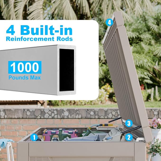 PatioZen 320 Gallon Large Deck Box,Resin Outdoor Storage Box with Lockable for Patio Furniture, Pool Accessories, Garden Tools Waterproof Outside Storage Box, Grey