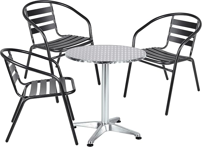 BTEXPERT Indoor Outdoor Restaurant Stainless Steel Aluminum Metal Slat Stack Commercial Lightweight, 3 Chairs with a 27.5" Round Table, Silver/Black