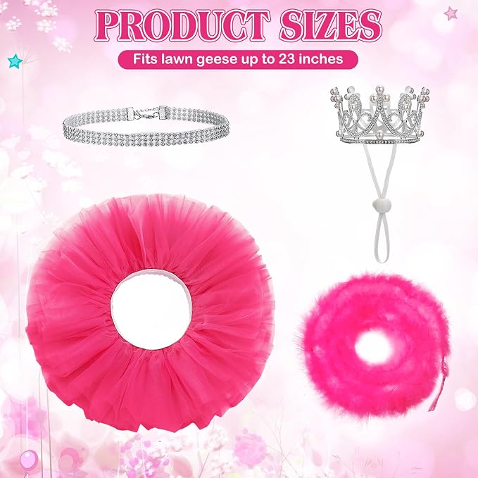 4 Pcs Princess Porch Goose Outfit for 23" 17" Cement Lawn Goose Costume Crown Necklace Tutu Skirt Feather Trim(Rose Red)