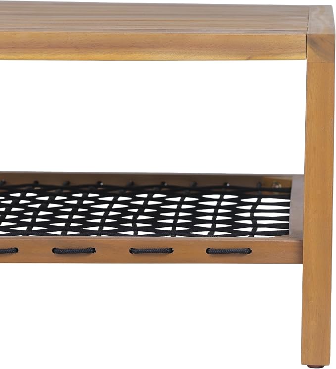 Christopher Knight Home Outdoor Acacia Wood Coffee Table with Woven Rope Storage Shelf Square Patio Coffee Table 35.43 Inch for Balcony Backyard Poolside Natural Wood Finish