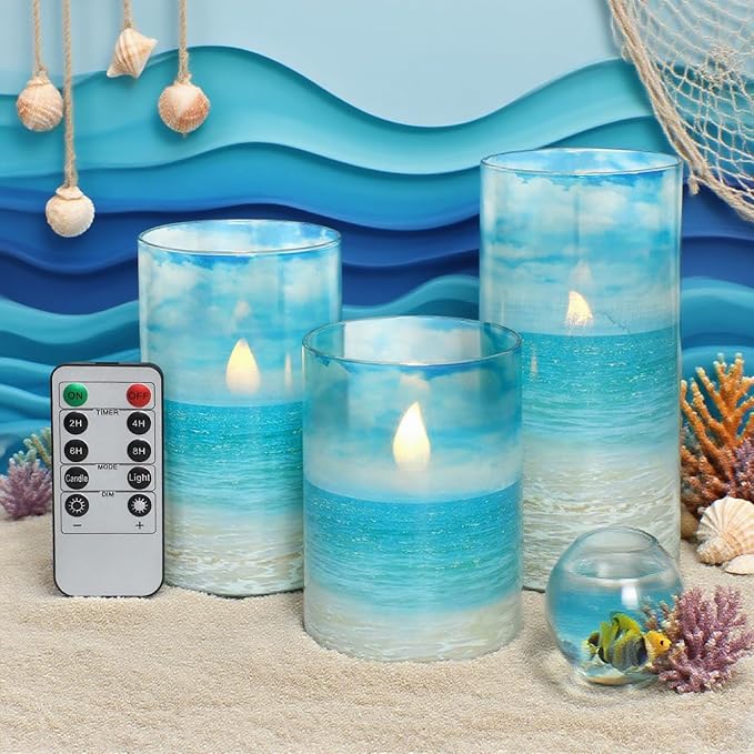 Blue Flickering Flameless Candles with Remote - Glass Battery Operated LED Pillar Candles for Beach/Coastal Theme Wedding Decorations (Set of 3)