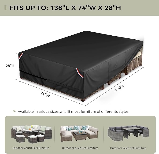 KylinLucky Heavy Duty Waterproof Patio Furniture Covers 138"x74", All-Weather Outdoor Table Cover with UV Protection, Air Vents & Adjustable Straps for Rectangular Dining Set, Black
