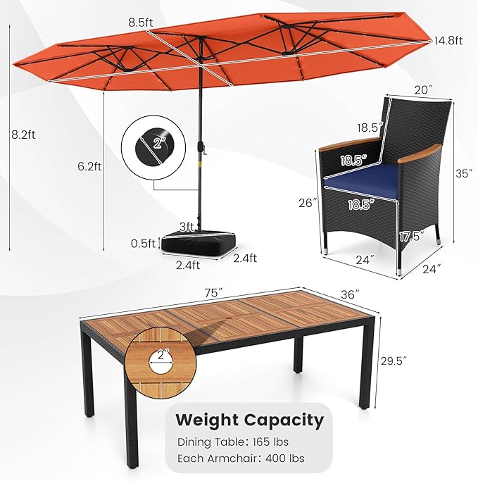 Tangkula 11 Pieces Patio Dining Set with Double-Sided Led Patio Umbrella (Base Included), with 8 Stackable Chairs, Acacia Wood Dining Table and Large Umbrella with Solar Lights (Orange + Navy)