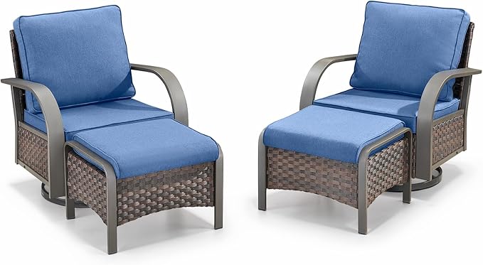 Belord 4 Pieces Patio Furniture Sets - Swivel Rocker Outdoor Chairs with Ottomans, All Weather Wicker Swivel Furniture Glider Seating Set for Porch Deck Sunroom Backyard