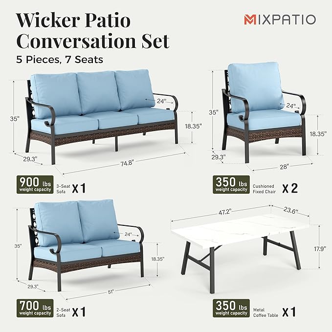 Patio Furniture Set with Coffee Table, Outdoor Conversation Set with 2 x Fixed Chairs, 1 x 2-Seat Sofa, 1 x 3-Seat Sofa for Lawn Garden Backyard, Blue