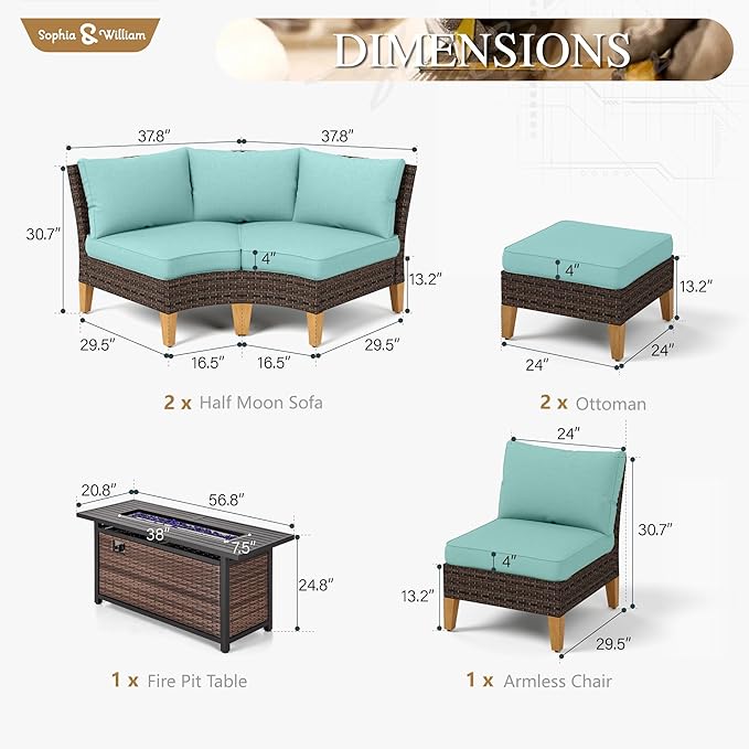 Sophia & William Patio Furniture Set with Fire Pit Table, 8 Piece Half Moon Outdoor Wicker Sectional Sofa Set, Rattan Conversation Set with 56-Inch Fire Pit Table & Ottoman (Aqua Blue)