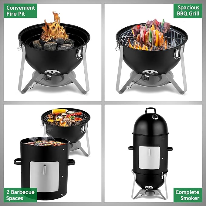 LEADZM 4-Tier 3-in-1 Vertical Charcoal Grill, BBQ Charcoal Smoker with Built-in Thermometer, Air Vent, and Access Doors, Perfect for Camping, Picnics, Backyard BBQs, and Tailgating Parties