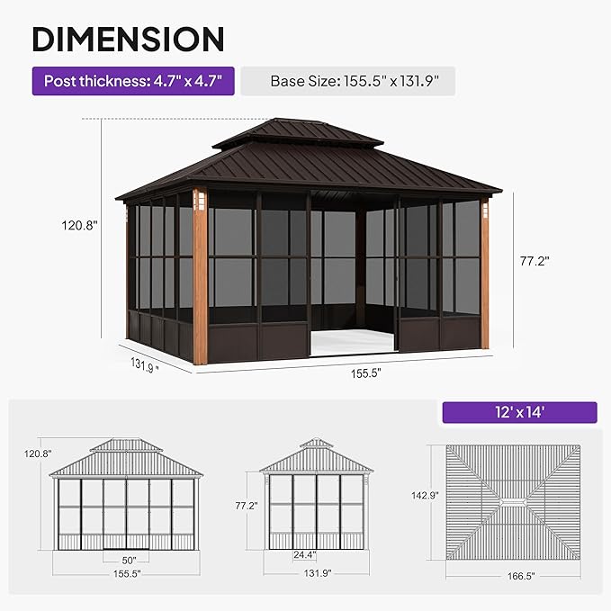 PURPLE LEAF 12' X 14' Outdoor Hardtop Gazebo with Solarium Galvanized Metal Roofs Patio Wood Grain Aluminum Frame with Screens and Doors for Hot Tub Garden Bronze