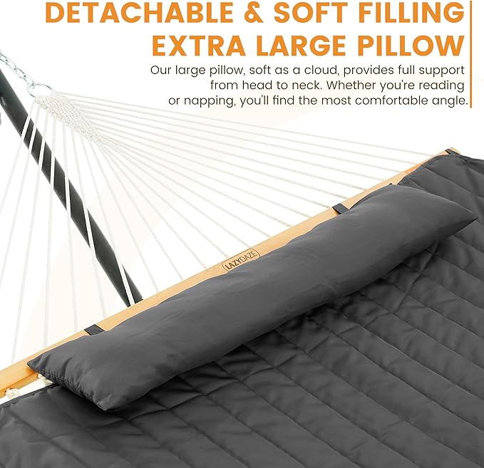 Lazy Daze Hammocks Rope Hammock with Pad, Spreader Bar, Carabiners, Tree Straps, Chains for Outside Patio- Max 450 Lbs, Dark Grey
