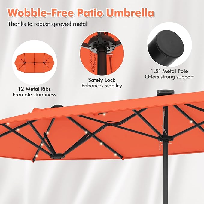 HAPPYGRILL Double-Sided Patio Umbrella with Solar Lights, 13FT Large Umbrella with Base Included, Crank Handle, Market Twin Table Umbrella for Outdoor Backyard Garden Poolside