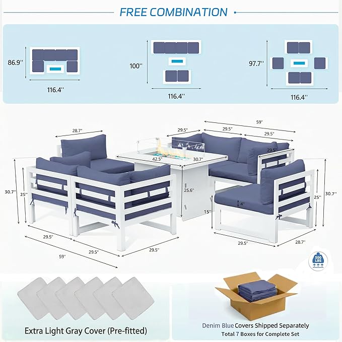 NICESOUL 6 Seat Oversized Modern Aluminum Patio Furniture Set, All Weather Rust Proof Modular Sectional Sofa with Fire Pit Table, 500 lbs Heavy Duty Comfy Outdoor Couch for Garden Backyard, Denim Blue