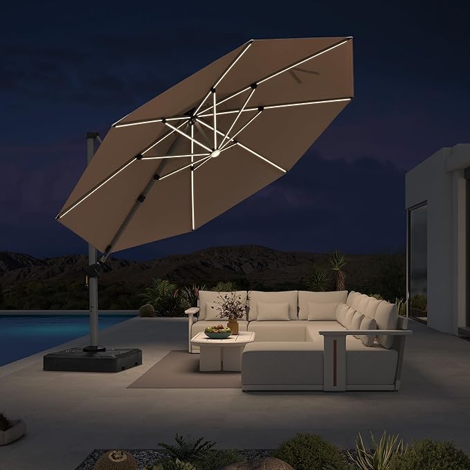 PURPLE LEAF Cantilever Umbrella with Base 13ft Outdoor Round Patio Solar Powered LED Umbrella with 360-degree Rotation for Garden Deck Pool Patio, Beige