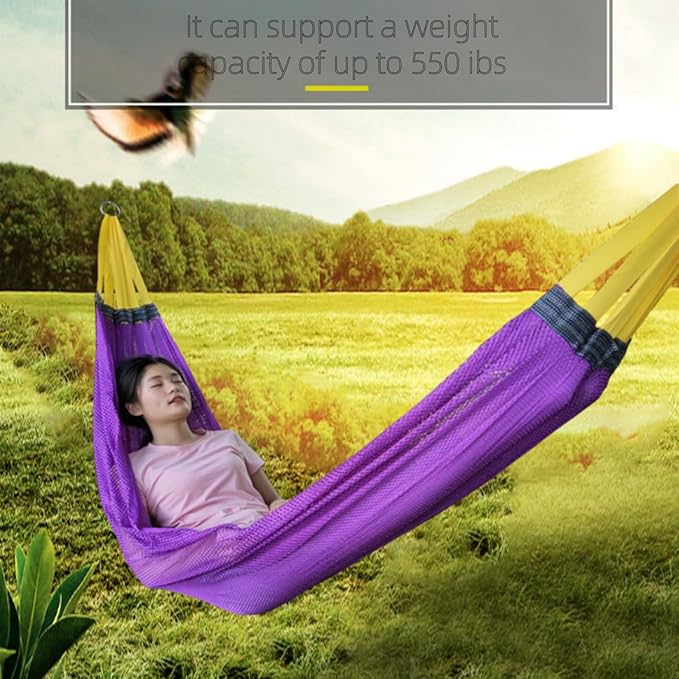 Portable Camping Hammock, Cool Ice Silk Mesh Hammocks with Tree Straps Carry Bag, Single Hanging Sturdy Hammock for Travel Patio Garden. Up to 550lbs. Purple