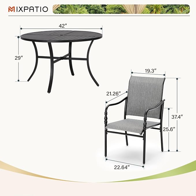 MIXPATIO Patio Table and Chairs Set, 7 Pieces Patio Dining Set with 6 Textilene Chairs, and Round Outdoor Dining Table with Umbrella Hole for Garden Lawn Porch and Backyard Poolside, Grey