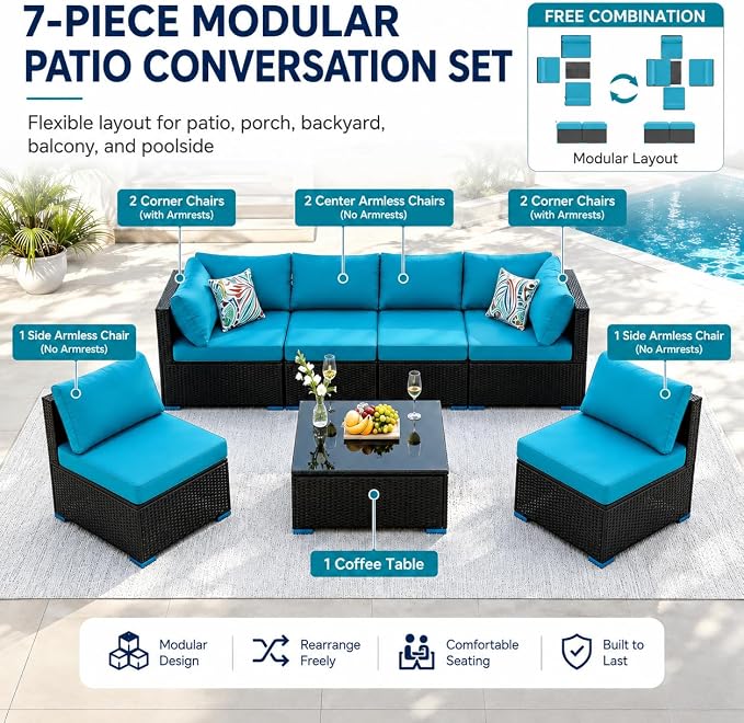 7 Piece Outdoor Sectional Outdoor Patio Furniture Set, Outdoor Patio Furniture Set with Coffee Table, Sectional Couch Sofa with Cushions, Wicker Outdoor Conversation Set for Backyard & Garden, Blue