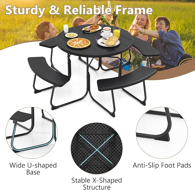 Moccha Picnic Table Bench Set - Outdoor Table and Chairs with Umbrella Hole, HDPE Tabletop & Metal Frame, Dining Table Set, Outdoor Camping Table for Garden Backyard Porch Patio Table Set (Black)