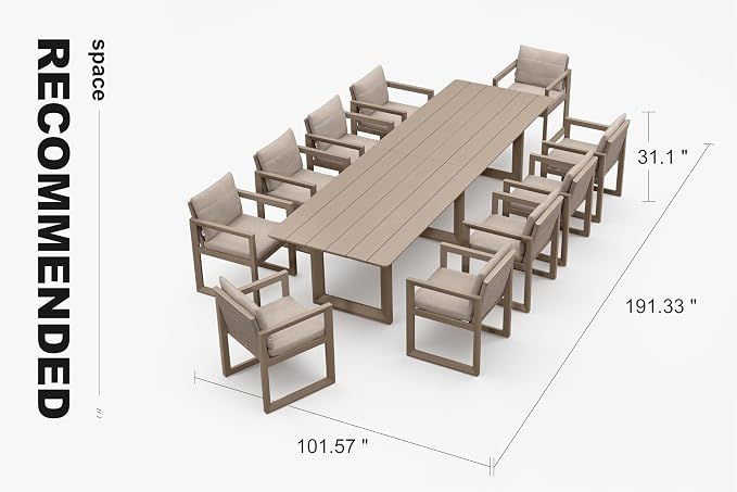 PURPLE LEAF Outdoor Dining Set for 10 Aluminum Oversize Patio Furniture Table and Chairs Set with All Weather Thick Cushion Rectangular Patio Dining Sets for Large Backyard Garden Poolside, Khaki