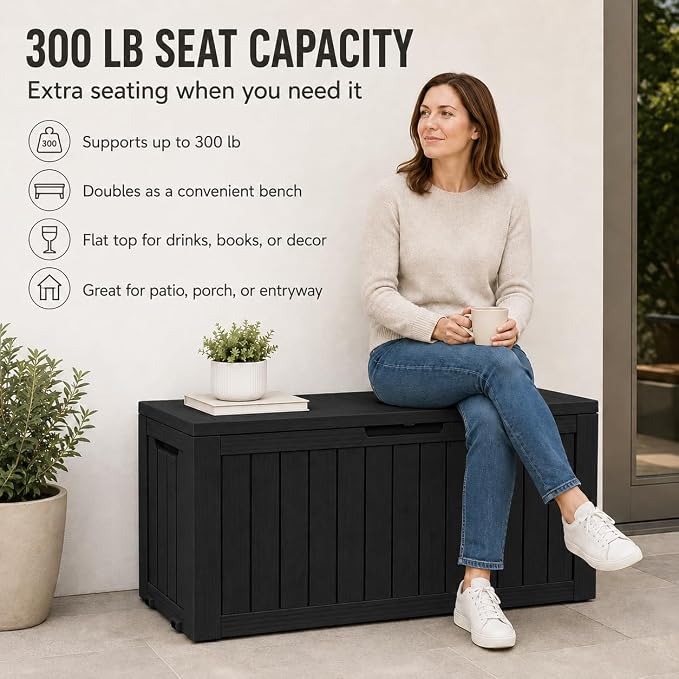 Outdoor Deck Patio Storage Box - 80 Gallon Resin Outside Storage Bin with Lid for Patio Cushions, Garden Tools, Pool Accessories & Backyard Toy Storage, Black