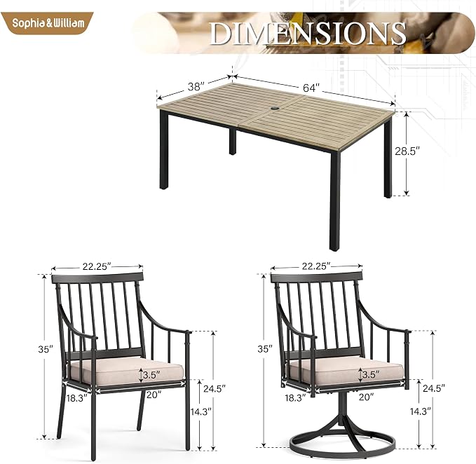 Sophia & William 7-Piece Patio Dining Set, Metal Table, Swivel Chairs | Cushions, Umbrella Hole, Fixed & Swivel Chair,59"* 35.4"table, 300 lbs Chair Capacity