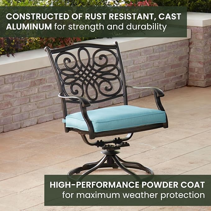 Hanover Traditions 7-Piece Patio Dining Set with 60" Round Cast-Top Table and Swivel Rockers with Blue Cushions, Patio Dining Set for 6, Premium Weather Resistant Outdoor Dining Set