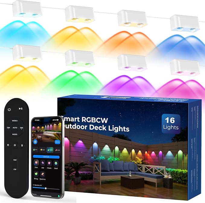 Outdoor Deck Lights, 16 Lights Smart Fence Lights Compatible with Alexa & Google Home, IP65 LED Patio Deck Lighting with Remote, Fence Lighting Music Sync for Patio Yard Garden(104.8ft)