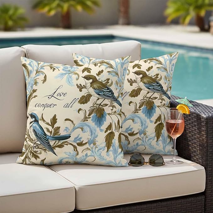 Vintage Bird Flower Outdoor Waterproof Throw Pillow Covers Set of 2, 18"x18", Watercolor Green Blue Floral Decorative Pillow Covers Outside Cushion Case for Patio Porch Garden