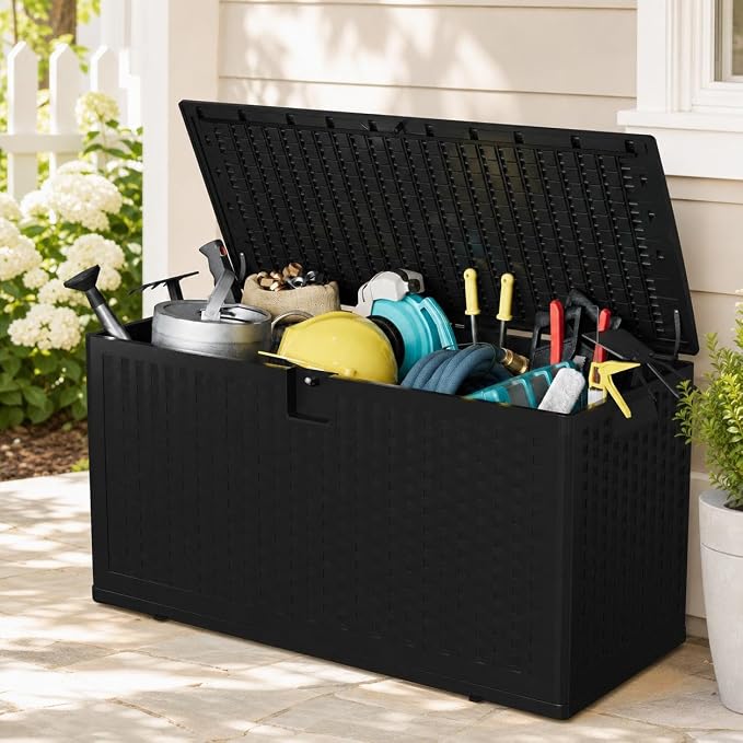 Patikuin 73 Gallon Outdoor Resin Deck Storage Box with Hydraulic Soft-Close Lid, Waterproof Lockable Patio Organizer, Rattan Pattern, Black