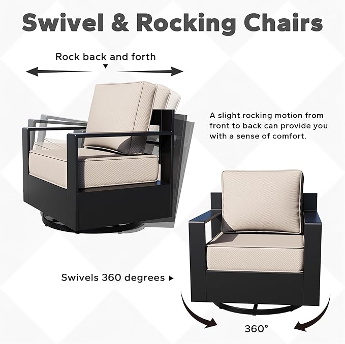 Aluminum Patio Swivel Chair - Outdoor Swivel Rocking Chair with 6" Thick Removable Cushions, All-Weather Metal Frame, Deep Setting for Garden, Poolside and Porch