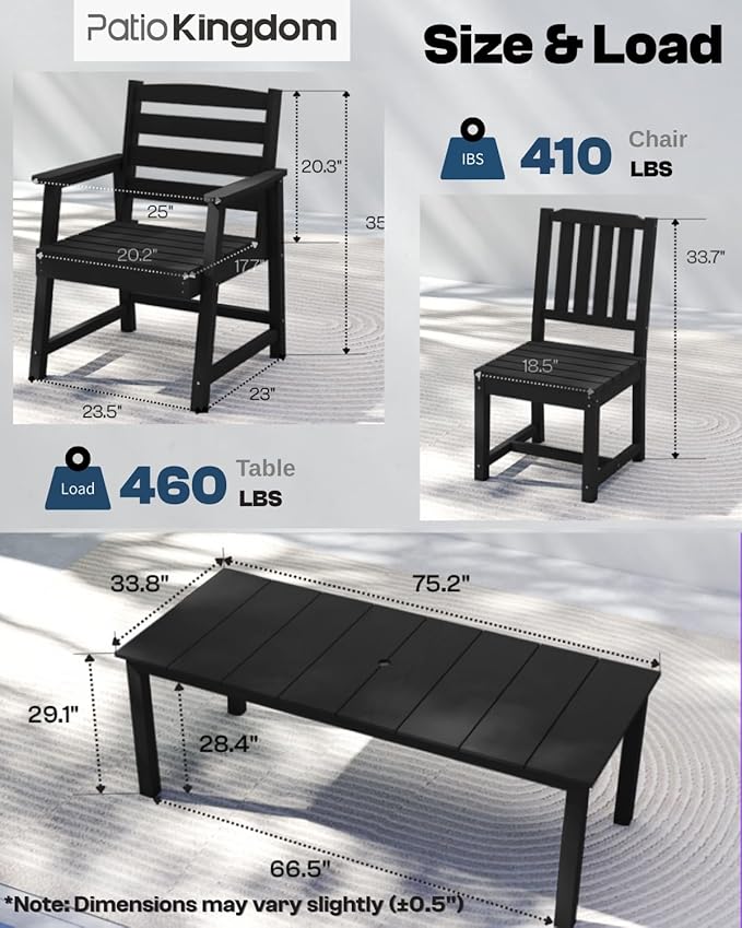 9-Piece Outdoor Dining Set for 8, 75.2'' HDPE Table with Umbrella Hole & Chairs, Weather-Resistant Patio Furniture for Lawn, Yard, Balcony, Deck (Black)
