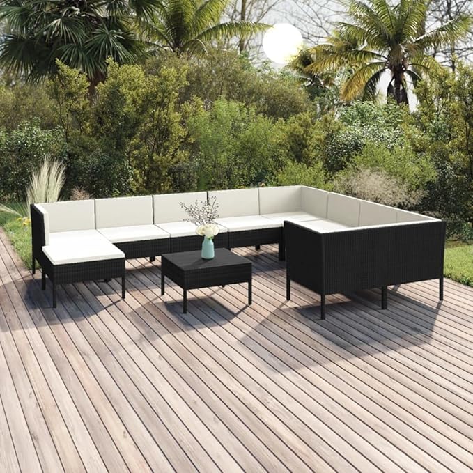 Patio Lounge Set with Cushions,Patio Furniture Sets,Patio Conversation Sets,Outdoor Furniture Sets,for Garden,Backyard,Outdoor,11 Piece Poly Rattan Black