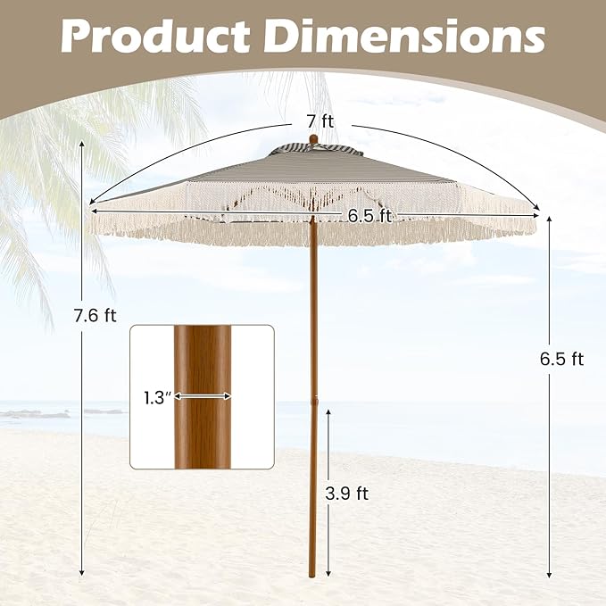 HAPPYGRILL 7 FT Patio Umbrella with Fringe, Outdoor Tassel Umbrella w/Sun-Protective Polyester Canopy, Wood-like Aluminum Pole, Air Vent, Boho Market Table Umbrella for Beach Backyard Poolside