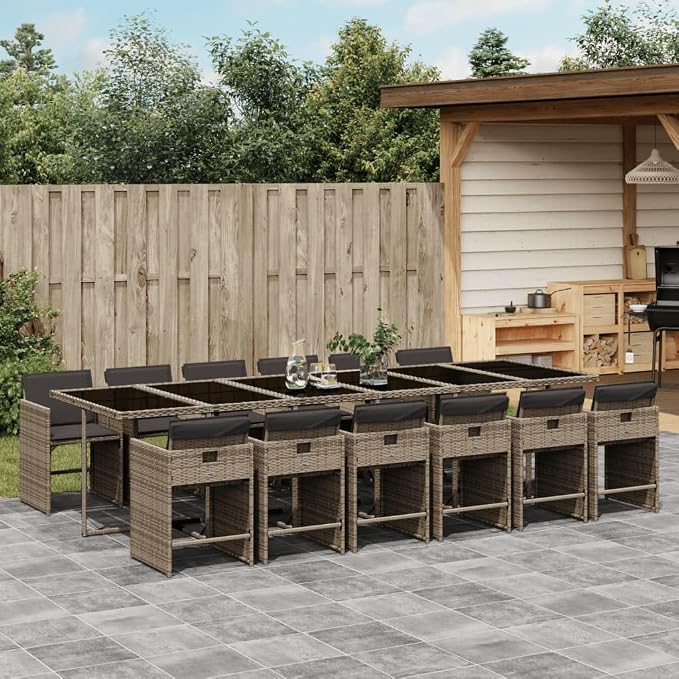 13-Piece Patio Dining Set with Cushions Gray PE Rattan Outdoor Furniture Set, Foldable Chairs & Tempered Glass Table for Backyard, Balcony, Garden