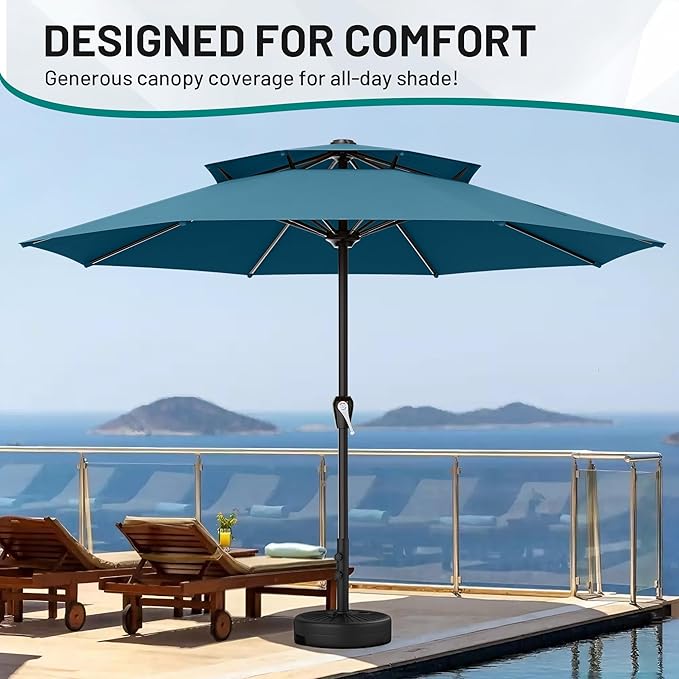 AreShark 12ft 2 Tiers Patio Umbrella - Outdoor Umbrella Waterproof UV Protection, Market Table Umbrella w/ 8 Sturdy Ribs&Crank for Pool, Porch, Garden(Lake Blue)