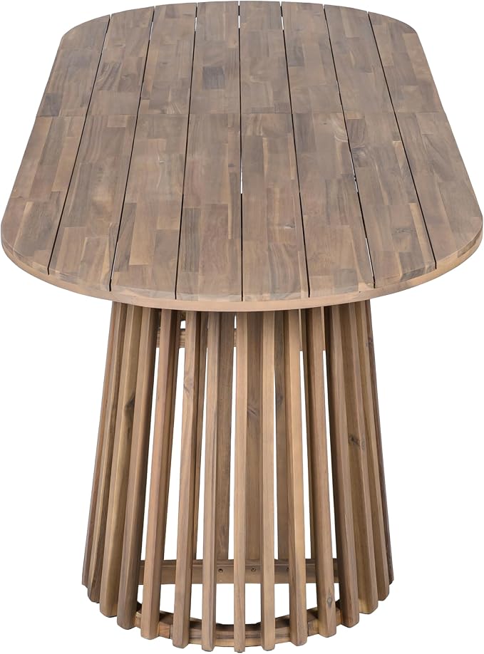 GDFStudio 83" Oval Dining Table with Racetrack Top, Outdoor Acacia Wood Dining Table for 6-8, Large Garden Dining Furniture, Slatted Pedestal Outdoor Furniture, Light Brown