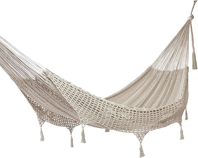NOVICA Ivory Off White Hand Woven Cotton Mayan 2 Person XL Rope Hammock with Crochet Fringe, Caribbean Sands' (Double)
