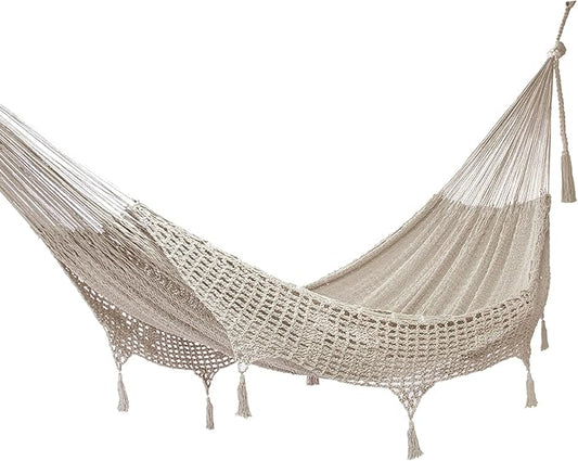 NOVICA Ivory Off White Hand Woven Cotton Mayan 2 Person XL Rope Hammock with Crochet Fringe, 'Caribbean Sands' (Double)