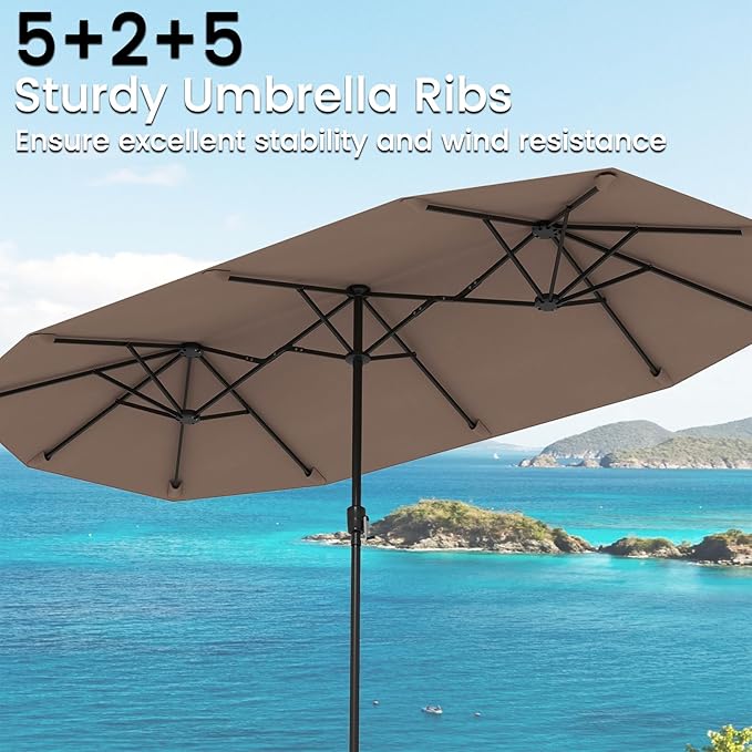 Tangkula 13 FT Large Patio Umbrella, Outdoor Double-Sided Table Market Umbrella w/Crank Handle, 12 Heavy-Duty Ribs, Sun-Protective Rectangular Twin Parasol for Garden Deck Lawn Poolside (Tan)